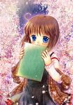  blue_eyes brown_hair cherry_blossoms flower hinokami_sakura kanon misaka_shiori shawl short_hair sketchbook 