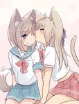  ;) animal_ears bad_id bad_pixiv_id blonde_hair blue_eyes blush brown_hair cat_ears cat_tail closed_eyes face_licking hair_ribbon licking long_hair mizuki_(koko_lost) multiple_girls one_eye_closed original pleated_skirt ribbon school_uniform serafuku short_hair skirt smile tail tongue yuri 