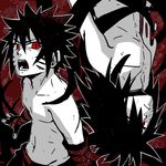  2boys black_hair elbow_gloves facial_mark fingerless_gloves gloves hair_over_one_eye highres kajicka long_hair looking_at_viewer male male_focus menma_(naruto) multiple_boys naruto naruto:_road_to_ninja naruto_shippuuden open_mouth red_eyes slit_pupils spoilers topless uchiha_obito 