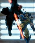  2boys battle claws crossover darth_maul energy_sword epic lightsaber male male_focus marvel multiple_boys sith star_wars sword weapon wolverine x-men 