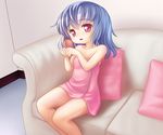  blue_hair couch covered_nipples hair_brush hair_brushing hinata_yuyuki naked_towel original red_eyes short_hair sitting solo towel 