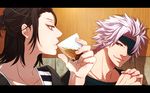  alternate_costume brown_hair chousokabe_motochika_(sengoku_basara) contemporary drinking eyepatch ice male_focus mouri_motonari_(sengoku_basara) multiple_boys ritsu_(heavend) sengoku_basara silver_hair smile striped white_hair 