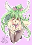  1girl 2018 animal_ears black_footwear black_legwear black_leotard bow bunny_ears c.c. choker code_geass collarbone dated eyebrows_visible_through_hair floating_hair green_hair hair_between_eyes hair_bow hand_on_hip leotard long_hair looking_at_viewer one_eye_closed pantyhose pink_background pink_bow pink_neckwear ponytail roman_buriki sketch solo strapless strapless_leotard very_long_hair wrist_cuffs yellow_eyes 