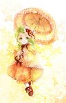  awa_toka coat dress drill_hair floral_print flower green_eyes green_hair hair_ornament heart heart_hair_ornament kanaria long_sleeves looking_at_viewer open_mouth orange_dress pants parasol red_flower red_rose rose rozen_maiden smile solo umbrella white_flower white_rose wide_sleeves 