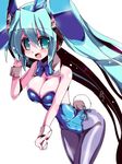  animal_ears blue_leotard bow bowtie bunny_ears bunny_tail bunnysuit detached_collar green_eyes green_hair hatsune_miku leotard long_hair miuku_(marine_sapphire) open_mouth pantyhose pointing simple_background solo tail twintails very_long_hair vocaloid white_background wrist_cuffs 