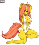  &lt;3 anthro big_breasts breasts clothing cutie_mark dress equine female friendship_is_magic horn horse jewelry kloudmutt kneeling looking_at_viewer mammal my_little_pony navel necklace original_character penheart plain_background pony pose solo unicorn white_background yellow_eyes 