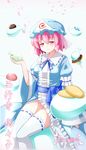  breasts candy cookie dezuko_(dezuko_no_heya) doughnut food ghost hat highres hitodama japanese_clothes medium_breasts obi pink_eyes pink_hair saigyouji_yuyuko sash short_hair sitting smile solo thighhighs touhou triangular_headpiece white_legwear 