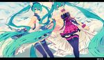  7th_dragon_(series) 7th_dragon_2020 7th_dragon_2020-ii bad_id bad_pixiv_id dress green_eyes green_hair hatsune_miku letterboxed long_hair multiple_girls skirt thighhighs twintails utm very_long_hair vocaloid 