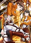  ascot belt black_eyes black_hair boots brown_hair cropped_jacket crossed_arms dressing emblem eren_yeager green_eyes highres jacket levi_(shingeki_no_kyojin) multiple_boys paradis_military_uniform shingeki_no_kyojin survey_corps_(emblem) sweatdrop thigh_boots thigh_strap thighhighs three-dimensional_maneuver_gear yuna_(rutera) 