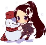  black_hair blush boots bucket chibi coat elysia_de_lute_ima fur_trim glasses hair_ornament kami_nomi_zo_shiru_sekai katsuragi_keima kimoko long_hair mittens objectification pantyhose ponytail purple_eyes scarf scrunchie skull_hair_ornament smile snowing snowman solo very_long_hair winter_clothes 