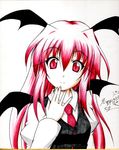  fuyuno_taka head_wings koakuma long_hair looking_at_viewer necktie red_eyes red_hair shikishi simple_background smile solo touhou traditional_media wings 