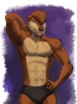  anthro arms_behind_head biceps black_nose briefs brown_fur brown_hair bulge chest_tuft flexing fur grin hair invalid_color male mammal muscles mustelid otter paws pecs pose purple_eyes smile solo standing tan_fur topless tuft underwear 