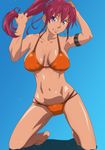  armlet barefoot bellows_(suisei_no_gargantia) bikini blue_background blue_eyes breasts cleavage earrings grin holding holding_hair hoop_earrings jewelry kneeling kyabakurabakufu large_breasts long_hair navel ponytail red_hair shiny shiny_skin smile solo suisei_no_gargantia swimsuit 