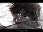  2013 angry aqua_eyes artist_name bad_id bad_pixiv_id bangs black_hair blue_eyes close-up copyright_name covered_mouth eren_yeager face furrowed_eyebrows glowing glowing_eye letterboxed looking_at_viewer male_focus monochrome motion_blur outstretched_arms robinexile shingeki_no_kyojin solo spot_color white_background wire 