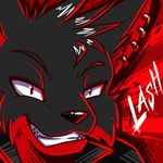  anthro black black_fur canine dragon fur grin headshot_portrait insane invalid_color katsuke lash mammal piercing portrait solo wolf wolgon 