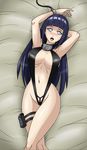  1girl artist_request blue_hair blush breasts deadmoon_(kein2002) highres hyuuga_hinata large_breasts long_hair lying naruto navel on_back open_mouth pupiless_eyes sling_bikini solo swimsuit white_eyes 