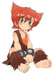  :c bare_shoulders barefoot blush bracelet breasts clenched_hands closed_mouth collarbone eyebrows_visible_through_hair feet full_body green_eyes hair_between_eyes highres jewelry looking_at_viewer magical_drop orange_shirt oyatsu_(mk2) red_hair shirt short_hair simple_background single_strap sitting small_breasts soles solo strength_(magical_drop) toe_scrunch toes white_background 