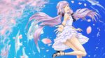  :d bare_shoulders blue_eyes bracelet cloud day din_(raiden) dress frilled_dress frills high_heels highres jewelry open_mouth outstretched_arm outstretched_hand petals purple_hair shoes sky smile sundress toenail_polish vocaloid voiceroid yuzuki_yukari 