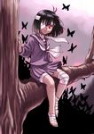  ahoge ankle_wrap bandage_over_one_eye bandaged_feet bandaged_leg bandaged_neck bandages bangs bare_legs barefoot black_hair bug butterfly copyright_request feet full_body in_tree insect long_sleeves looking_to_the_side oyatsu_(mk2) pleated_skirt purple_shirt purple_skirt red_eyes school_uniform serafuku shirt short_hair sitting skirt slim_legs smile toes tree wind wind_lift 