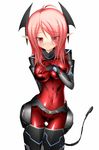  arm_behind_back bad_id bad_pixiv_id blush bodysuit breast_press breasts covered_navel covering covering_breasts embarrassed groin highres large_breasts navel phantasy_star phantasy_star_online_2 pointy_ears red_eyes red_hair shiny shiny_clothes solo thigh_gap yazaki_shion zelsius 