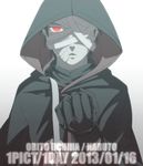  1boy 2013 bandage character_name cloak dated gloves kajicka looking_at_viewer male male_focus naruto naruto_shippuuden red_eyes solo spoilers uchiha_obito 