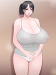  1girl black_hair breasts cleavage flying_tree_frog highres huge_breasts milf panties see-through solo underwear 