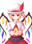  ascot blonde_hair blood bodice brooch cross cup flandre_scarlet hands_together hat hat_feather hat_ribbon highres jewelry looking_at_viewer mob_cap opilio puffy_short_sleeves puffy_sleeves red_eyes ribbon sakazuki short_hair short_sleeves side_ponytail simple_background skirt skirt_set smile solo tassel touhou white_background wings 