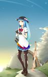  bad_id bad_pixiv_id blouse blue_hair blue_sky cloud fingerless_gloves fire food frown fruit gloves grass hat highres hinanawi_tenshi keystone leaf light_trail long_hair looking_away naoki_noritaka pantyhose peach planted_sword planted_weapon red_eyes ribbon rope sheath sheathed shide shimenawa short_sleeves skirt sky solo star_(sky) sword sword_of_hisou torn_clothes torn_legwear touhou twilight weapon 