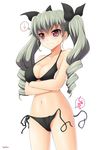  &gt;:) ? anchovy bikini blush breasts collarbone crossed_arms drill_hair girls_und_panzer highres long_hair medium_breasts navel number10_(hagakure) red_eyes ribbon shaded_face shiny shiny_skin side-tie_bikini silver_hair simple_background smile solo strap_gap sweat swimsuit twin_drills twintails untied v-shaped_eyebrows wardrobe_malfunction 
