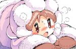  blush brown_eyes brown_hair fur_trim gloves ice_climber lying nana_(ice_climber) no_eyebrows no_nose nose_blush on_stomach open_mouth oyatsu_(mk2) simple_background solo sweat white_background 