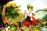  ascot cloud day earrings flower green_hair hand_on_own_face highres jewelry kazami_yuuka leaf lily_pad looking_down mushroom open_clothes open_vest plaid plaid_skirt plaid_vest polskash red_eyes rock short_hair short_sleeves skirt sky smile solo spider_lily stream sunflower thighhighs touhou tree vest water waterfall 