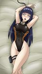  1girl blue_hair blush breasts cameltoe clothed_navel deadmoon_(kein2002) highres hyuuga_hinata large_breasts long_hair lying naruto on_back one-piece_swimsuit open_mouth solo swimsuit white_eyes 