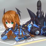  :o ass blush bodysuit brown_hair green_eyes langley1000 legs_up long_hair lying on_stomach phantasy_star phantasy_star_online_2 solo zelsius 