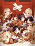  4girls age_regression annie_leonhardt armin_arlert bad_id bad_pixiv_id barefoot black_hair blonde_hair brown_hair child christa_renz emblem eren_yeager grey_eyes jacket jean_kirchstein levi_(shingeki_no_kyojin) mikasa_ackerman multiple_boys multiple_girls oversized_clothes paradis_military_uniform sasha_braus shingeki_no_kyojin sword weapon yellow_eyes younger zwollowz 