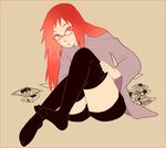  1girl black_legwear glasses karin_(naruto) long_hair looking_at_viewer naruto naruto_shippuuden photo_(object) red_eyes red_hair sitting solo thighhighs 