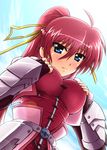  armor blue_eyes blush breasts diesel-turbo fingerless_gloves from_below gloves hair_ribbon large_breasts long_hair lyrical_nanoha mahou_shoujo_lyrical_nanoha mahou_shoujo_lyrical_nanoha_a's pink_hair ponytail ribbon signum sky solo 