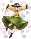  floral_print grey_eyes hat hat_ribbon heart heart_of_string komeiji_koishi long_sleeves looking_at_viewer maru_usagi open_mouth outstretched_arms ribbon shirt silver_hair skirt smile solo third_eye touhou wide_sleeves 
