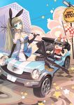  &gt;_&lt; :p animal_ears bare_shoulders black_gloves black_legwear blue_eyes boots breasts brown_hair bunny bunny_ears car cleavage cleavage_cutout closed_eyes ears_through_headwear elbow_gloves fake_animal_ears feiwing fingerless_gloves gloves goggles ground_vehicle headphones headset helmet high_heels highres long_hair medium_breasts motor_vehicle original parasol ponytail race_queen shoes sign solo stop_sign thigh_boots thighhighs tongue tongue_out umbrella 