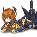  :o ass blush bodysuit brown_hair green_eyes langley1000 legs_up long_hair lying on_stomach phantasy_star phantasy_star_online_2 solo zelsius 