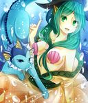  bad_id bad_pixiv_id bare_shoulders between_breasts blue_eyes blue_skin breasts bubble cleavage creature crossover dress fins gen_1_pokemon green_eyes green_hair hat head_fins highres jewelry long_hair magi_the_labyrinth_of_magic medium_breasts off_shoulder open_mouth paws pokemon pokemon_(creature) shell shell_bikini underwater vaporeon witch_hat yamuraiha 