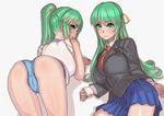  all_fours ass back blazer blue_panties blush cameltoe dress_shirt from_behind green_eyes green_hair hair_ribbon higurashi_no_naku_koro_ni jacket long_hair long_sleeves looking_at_viewer looking_back lying miniskirt multiple_girls necktie on_side panties pleated_skirt ponytail ribbon school_uniform shirt siblings sisters skirt sleeves_rolled_up sonozaki_mion sonozaki_shion twins underwear white_shirt zenkou 