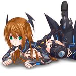  :o ass blush bodysuit brown_hair green_eyes langley1000 legs_up long_hair lying on_stomach phantasy_star phantasy_star_online_2 solo tears zelsius 