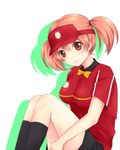  black_legwear breasts brown_hair clothes_writing employee_uniform fast_food_uniform hataraku_maou-sama! hatsuseume large_breasts pencil_skirt sasaki_chiho short_hair short_twintails sitting skirt smile solo twintails uniform visor_cap 