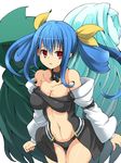  bare_shoulders blue_hair breasts cleavage collar detached_sleeves dizzy guilty_gear hair_ribbon large_breasts long_hair long_sleeves midriff navel necro_(guilty_gear) red_eyes ribbon shamanwer solo twintails undine_(guilty_gear) white_background wings 