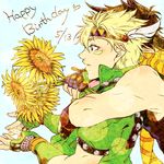  blonde_hair brown_hair caesar_anthonio_zeppeli facial_mark feathers fingerless_gloves flower gloves green_eyes green_jacket hair_feathers happy_birthday hug hug_from_behind jacket jojo_no_kimyou_na_bouken joseph_joestar_(young) multiple_boys scarf sunflower zino 