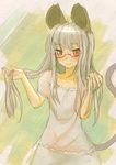  adapted_costume alternate_hairstyle animal_ears bespectacled blush dress glasses grey_hair ishikkoro long_hair mouse_ears mouse_tail nazrin red_eyes smile solo tail touhou 