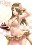  apron armpits bikini breasts brown_eyes brown_hair cake cleavage covered_nipples food headdress large_breasts lintanghaseo long_hair maid open_mouth photokano smile solo striped striped_bikini swimsuit v wrist_cuffs yellow_bikini yunoki_rina 