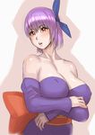  1girl ayane ayane_(doa) blush breasts brown_eyes cleavage dead_or_alive detached_sleeves dress headband large_breasts open_mouth purple_hair purple_legwear ribbon short_hair solo standing tecmo thighhighs white_panties zenkou 