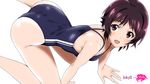  all_fours from_above looking_at_viewer maeda_kanon mizuki_makoto one-piece_swimsuit photokano school_swimsuit short_hair simple_background solo swimsuit white_background 