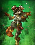 abstract_background atryl blue_eyes breasts brown_hair cherry_blossom claws female hair hindpaw jewelry looking_at_viewer pandaren paws raised_leg sandals smile solo standing toes video_games warcraft world_of_warcraft 